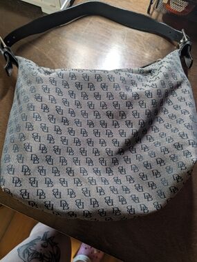 Vintage Dooney & Bourke Signature DB Monogram Canvas Hobo Shoulder Bag Greyblack